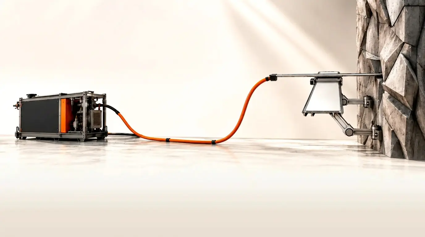 Render of the Rockslice cutting rig: power unit, hose and robotic sword saw against a rock wall